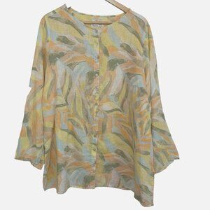 Women's 1X PLUS Yellow Green 100% Linen Roll Tab Flowy Relaxed Casual Tunic Top